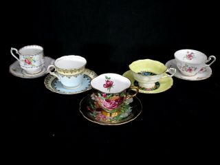 5 Assorted Vintage Fine Bone China Tea Cups & Saucers Clarence Windsor Colclough