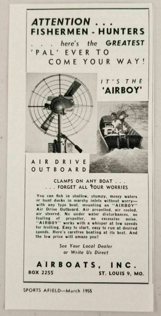 1955 Print Ad Airboy Air Drive Outboard Motors Airboats Inc.  St Louis,  Mo