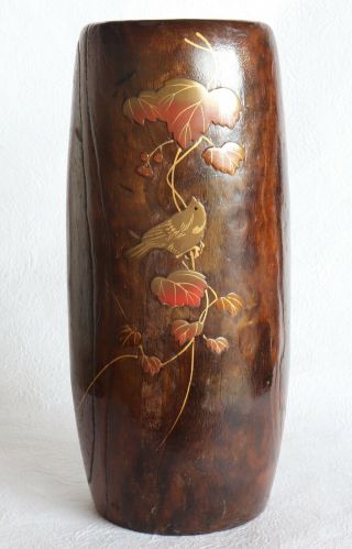 Japanese Wood Flower Vase Lacquer Makie Bird Leaf Ikebana Vintage H29.  5cm 11.  6 "