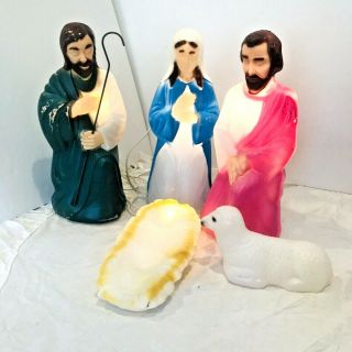 Vintage 5 Pc Empire Lighted Blow Mold Christmas Nativity Manger Set Mary Joseph