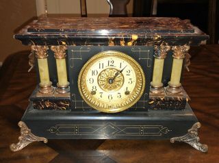 Antique 1880s Seth Thomas Adamantine Mantel Clock 295 4 Pillar Ornate With Key