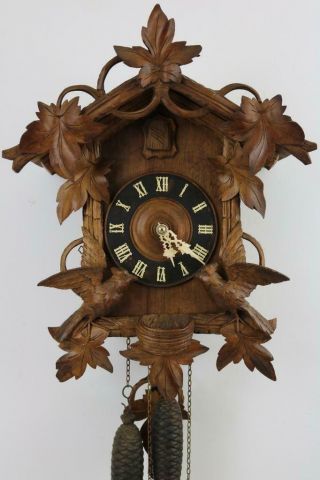 Large Antique Cuckoo Clock Carved Walnut Case Automated Cuckoo