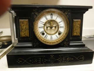 Antique Ansonia Clock Iron Case Open Escapement Key Pendulum