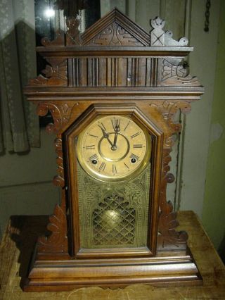 Antique Very Rare Ingraham 1886 " Minaret " Black Walnut Shelf Parlor Clock