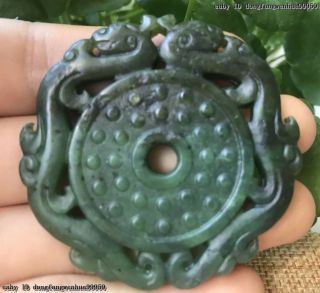 China Natural Jade Stone Hand Carved Dragon Coin Amulet Necklace Pendant Ai33