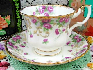 Royal Albert Sheraton Lavinia Purple Roses Fluted Tea Cup And Saucer