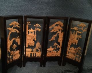 Vintage Chinese Carved Cork Art Scene - Glass & Black Lacquered Folding Screen