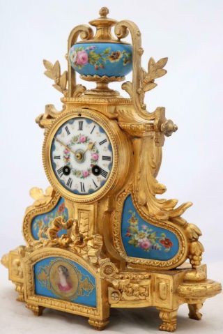 Antique French Mantle Clock 8 Day Stunning Gilt Metal & Hand Painted Porcelain 2