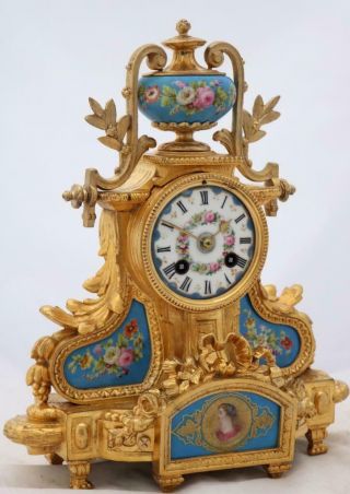 Antique French Mantle Clock 8 Day Stunning Gilt Metal & Hand Painted Porcelain 3