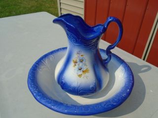 Blue & White Ironstone Wash Basin & Pitcher With Floral Design