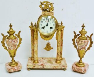 Antique French 8 Day Bronze & Marble 4 Pillar Portico Mantel Clock Garniture Set