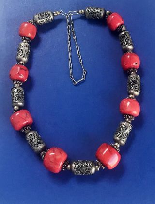 Vintage Chinese Export 800 Silver Filigree Beads Red Coral Necklace
