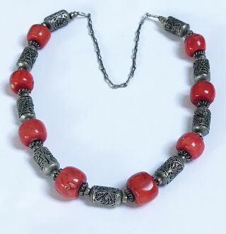VINTAGE CHINESE EXPORT 800 SILVER FILIGREE BEADS RED CORAL NECKLACE 2