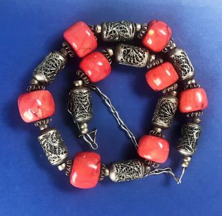 VINTAGE CHINESE EXPORT 800 SILVER FILIGREE BEADS RED CORAL NECKLACE 3