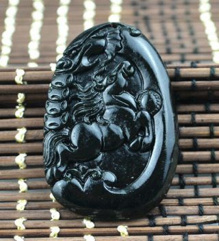Chinese Natural Black Green Jade Jadeite Carving Pendant Necklace （马到成功）