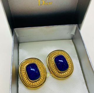 Vintage Jewellery Signed Christian Dior Lapis Clip On Earrings (boxed)