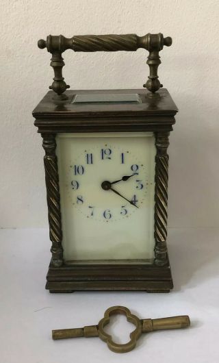 Antique French Brass Carriage Clock - Enamel Dial @ 1880 - Key