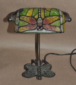 Tiffany Style Stained Glass Dragonfly Desk Bankers Lamp & Metal Base