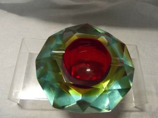 Vintage Murano Faceted Triple Sommerso Glass Geode Bowl Ashtray
