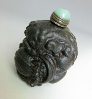 Chinese Hand - Carved Old Rosewood Head Of A Lion Snuff Bottle,  Copper Spoon