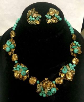 Gorgeous Early Vintage M.  Haskell Turquoise Glass Faux Seed Pearl Necklace Set