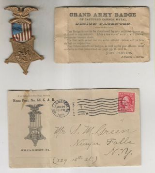 Vintage G.  A.  R.  Grand Army Badge - Patented May 4 1880 - 1 Related Envelope