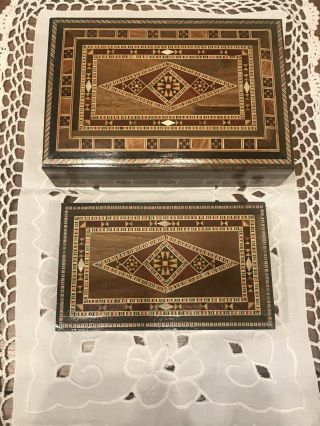 Set (2) Vintage Wood Inlaid Design Wooden Jewelry Boxes