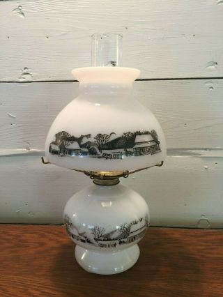 Vintage Currier & Ives White Milk Glass Oil Lamp & Shade Black Farm Scene Horse