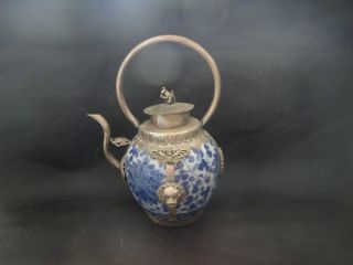 Collectible Old Handwork Tibet Silver Blue And White Porcelain Monkey Tea Pot