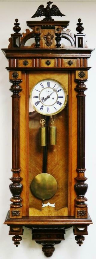 Antique German 8 Day Twin Weight Driven Striking Carved Walnut Vienna Wall Clock