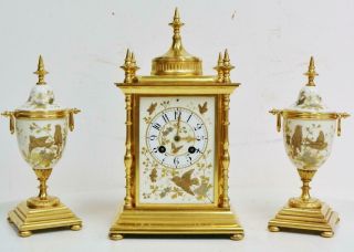 Rare Antique French 8 Day Bronze Ormolu & Sevres Porcelain Cube Mantel Clock Set
