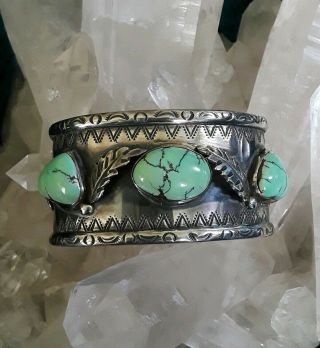 Old Vintage Navajo Native American Heavy Sterling Silver Turquoise Cuff Bracelet