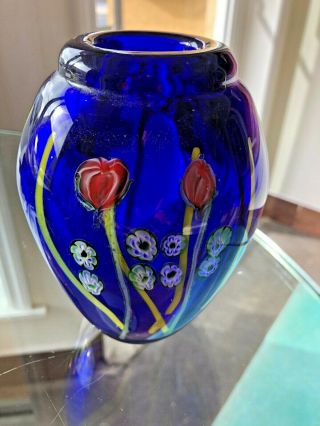 Vintage Italian Murano Venetian Millefiori Cobalt Blue Art Glass Vase