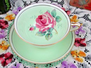 Paragon Floating Pink Rose Rosebud Light Green Tea Cup And Saucer
