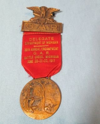 1917 Delegate Michigan Civil War Gar Medal Badge Ribbon Battle Creek