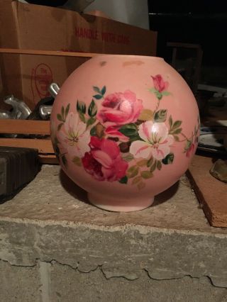 Antique Vtg Glass Globe Ball Lamp Shade Painted Roses Floral