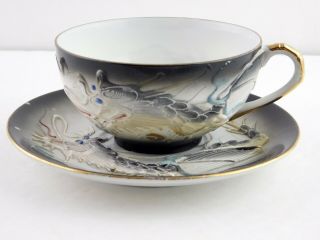 Vintage Black Dragonware Moriage Geisha Lithophane China Tea Cup And Saucer