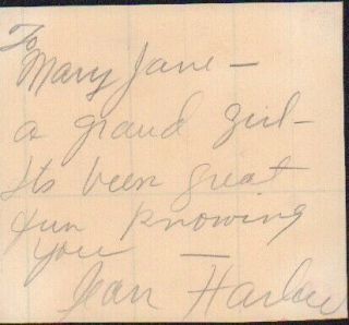 Jean Harlow Rare (not Mama Harlow) Signed Note To A Friend On A Film Autograph