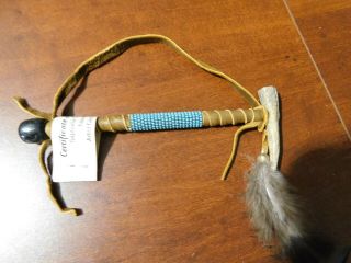 Navajo Handmade Deer Antler Peace Pipe W/buckskin,  Beads & Feather  - - 4