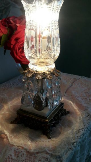 Vintage Hollywood Regency Cut Crystal W Prisms Boudoir Table Lamp Marble Base