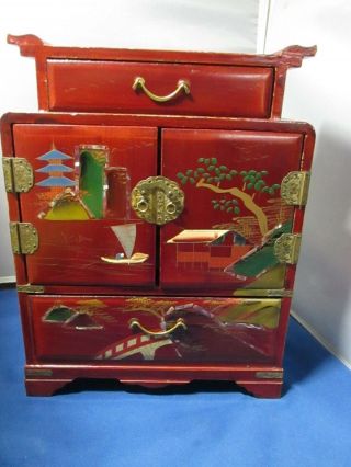 Vintage Japan Jewelry Box Hand Painted Abalone Decoration Standing Chest