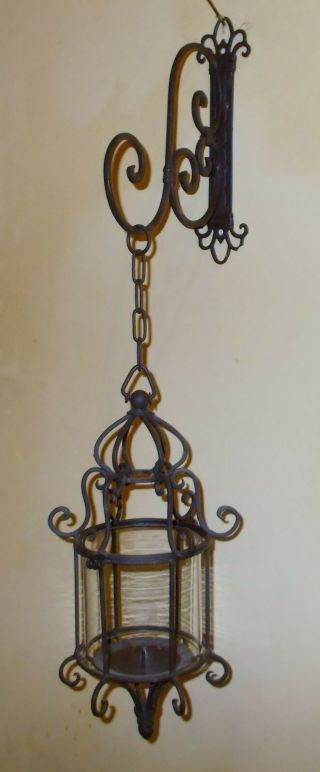 Vintage Wrought Iron Hanging Candle Wall Sconce Holder With Glass Insert ^