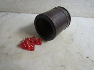 Vintage Leather Dice Cup W/ 5 Red Dice / Casino Vegas