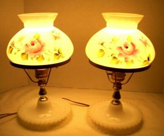 2 Vintage Milk Glass Floral Globe Gone With Wind Lamp Pink Flower Design Pair