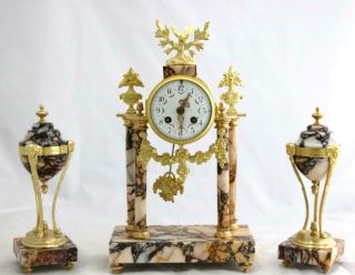 French Antique Mantle Clock Set 8 Day Bell Striking Red Marble Portico 3 Piece