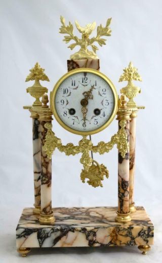 French Antique Mantle Clock Set 8 Day Bell Striking Red Marble Portico 3 Piece 2