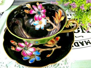 Merit Occupied Japan Tea Cup And Saucer Black & Lime Painted Floral Teacup
