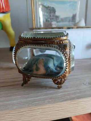 Antique French Jewelry Box Thick Beveled Glass Bronze Casket Vitrine Blue Fabric 3