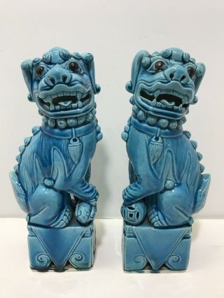 Vintage Turquoise Blue Chinese Porcelain Pair Foo Dogs Lions 9.  5 " Tall Figurines