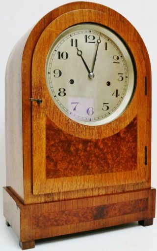 Antique German 8 Day Oak & Inlaid Walnut Bell Striking Mantel Clock